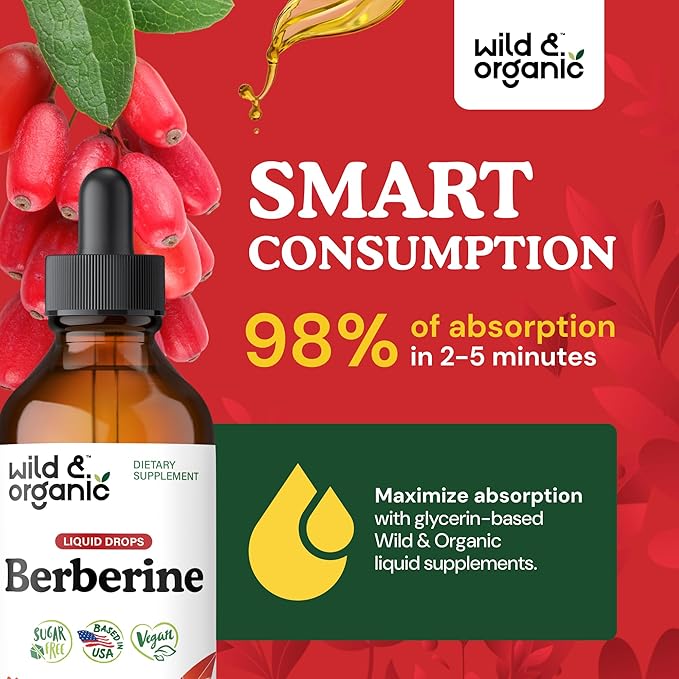 Wild &amp Organic Berberine Drops 500mg - Liquid Berberine Supplement HCL for Overall Support - Pure Extract Tincture - Vegan Alcohol &amp Sugar-Free - 4 fl oz