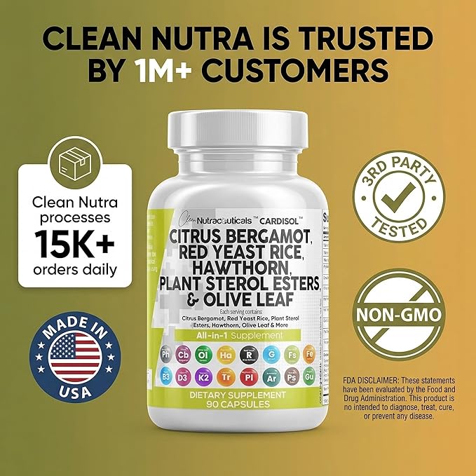 Clean Nutraceuticals Citrus Bergamot Red Yeast Rice Capsules with Plant Sterols - with Hawthorn Extract Olive Leaf Niacin Vitamin K3 D3 COQ10 Guggul &amp More