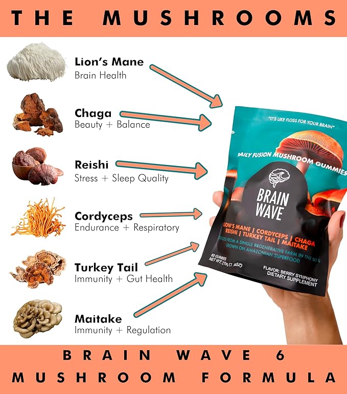 Superfood Mushroom Gummies | Delicious Daily Multi Lions Mane Mushroom Gummy Supplement 2008 mg | Reishi Mushroom + Cordyceps + Turkey Tail + Chaga + Maitake | Mushroom Gummies for Focus and Energy