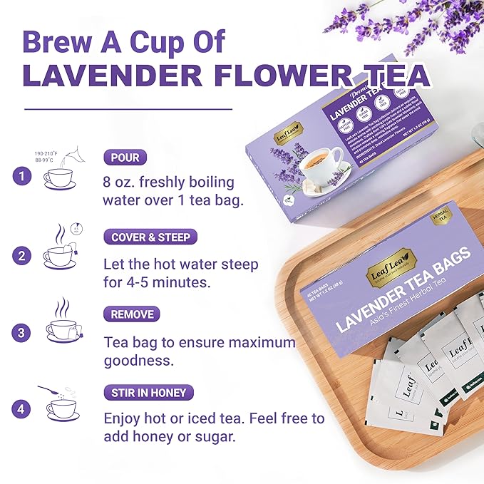LeafLea 80 Premium Lavender Tea Bags 100% Natural &amp Pure from Lavender Flowers Nighttime Comfort &amp Digestive Support Floral Aroma and Smooth Taste Caffeine-Free Sugar-Free Individually W