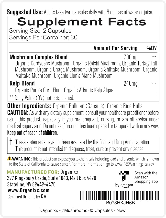 Organixx USDA Organic Mushroom Supplement 7 Fermented Mushrooms – Lions Mane Shiitake Cordyceps Turkey Tail Reishi – for Immune &amp Digestion Support 60 Vegetarian Capsules