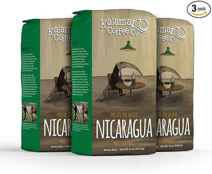 KALAMAZOO COFFEE COMPANY Nicaragua Whole Bean Coffee - Pressed for Success Medium Roast | 12oz Bag (3 Pack)