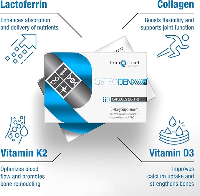 OSTEODENX - Bone &amp Joint Support Supplement for Healthy Bone &amp Improved Joint Mobility with Lactoferrin Collagen Vitamin K2 &amp Vitamin D3 (30 Capsules)