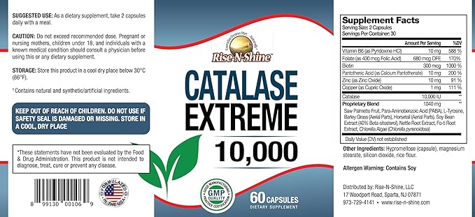Rise-N-Shine Catalase Extreme Supplement 10000 - Supplement with Saw Palmetto Biotin Fo-Ti PABA - Hair Supplements for Strong Hair Support- 180 Capsules - Pack of 3 (90-Day Supply)