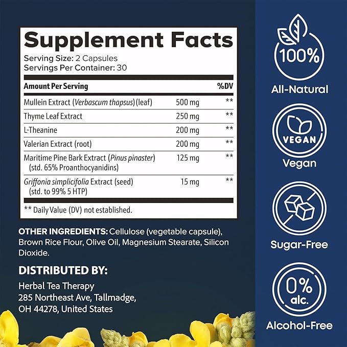 BREATHE PM Nighttime 6-IN-1 Mullein Capsules For Lung Detox for Smokers (60 Caps - 30 Days) - L-Theanine Thyme &amp Mullein Leaf Extract For Lungs - Mucus Removal Supplement - GMO-Free &amp Made