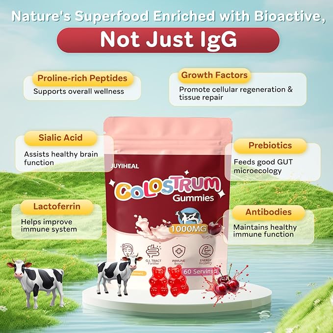 Colostrum Gummies 1000 mg Grass Fed Colostrum Chews Colostrum Supplement for Gut Health Hair Growth Beauty and Immune Support Cherry Flavor 60 Servings
