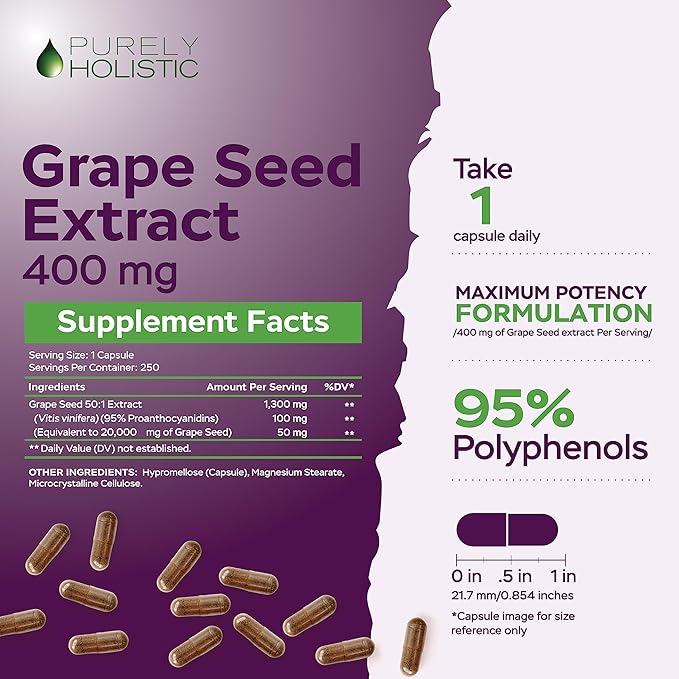 Purely Holistic Grape Seed Extract 20000mg - 250 Vegan Capsules - 8+ Month Supply - Standardized to 95% Polyphenols - 400 mg per Capsule - Maximum Strength Grapeseed - Non-GMO &amp Pesticide Free