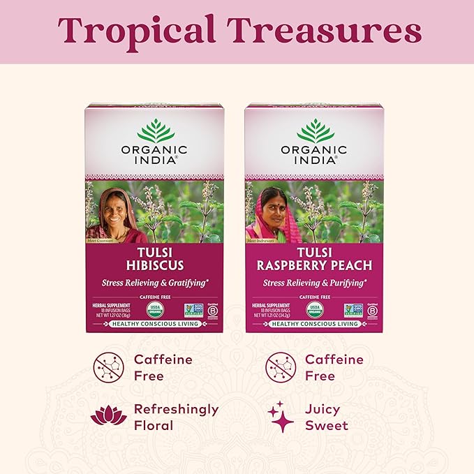 Organic India Tulsi Hibiscus Tea Bags - Holy Basil Herbal Tea Stress Relieving Immune Support USDA Organic Calming Caffeine Free- 18 Bags 6 Pack