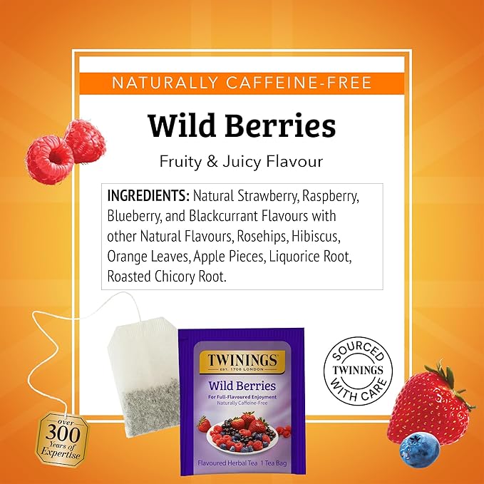Twinings Wild Berries Herbal Tea Individually Wrapped Bags 20 Count (Pack of 6) Full-Flavoured Naturally Caffeine-Free Enjoy Hot or Iced 120 Teabags