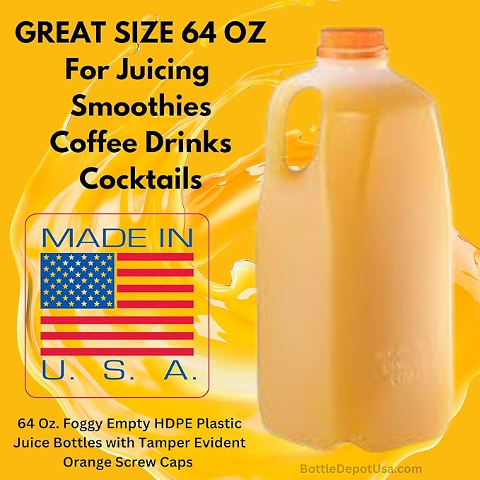 FIJIAN MADE 64 Oz Jugs Juice Bottles (Pack Of 6 x 64 Oz Ea) With Orange Tamper Evident Screw Caps – Great for Homemade Juices Milk Smoothies Tea and Other Beverages - Food Grade BPA Free