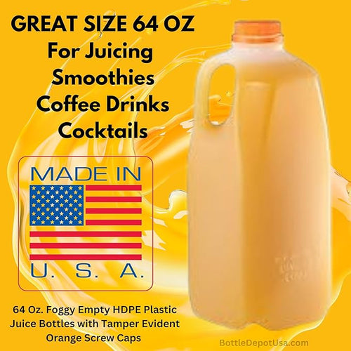 64 Oz Empty Juice Bottles (Pack Of 12 x 64 Oz Ea) With Orange Tamper Evident Screw Caps – Great for Homemade Juices Milk Smoothies Tea and Other Beverages - Food Grade BPA Free