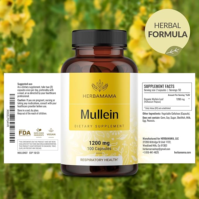 HERBAMAMA Mullein Leaf Capsules - 1200mg Mullein Leaf Extract for Lung Detox Support - Vegan Non-GMO Respiratory Lung Cleanse Supplement
