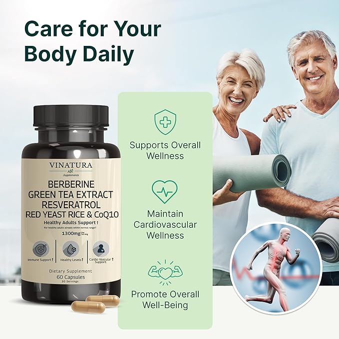 VINATURA Berberine HCL &amp Ceylon Cinnamon - Red Yeast Rice &amp CoQ10 1300mg per Serving *USA Made &amp Tested* Healthy Levels with Green Tea Extract Resveratrol Magnesium Glycinate Chromium