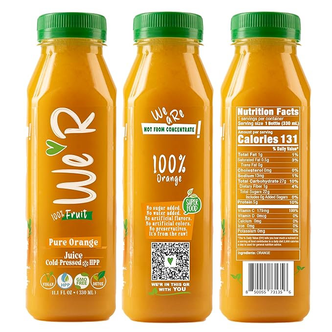 WE’R Pure Valencia Orange Juice – Cold-Pressed &amp HPP – 10 Pack – 11.2 fl oz Each (330 ml) – 199% DV Vitamin C