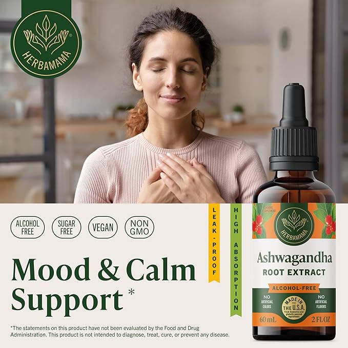 HERBAMAMA Ashwagandha Liquid Drops - Vegan Ashwagandha Root Extract for Calm &amp Mood Support - Non-GMO Alcohol &amp Sugar-Free Calming Supplement for Adults 28-Day Supply