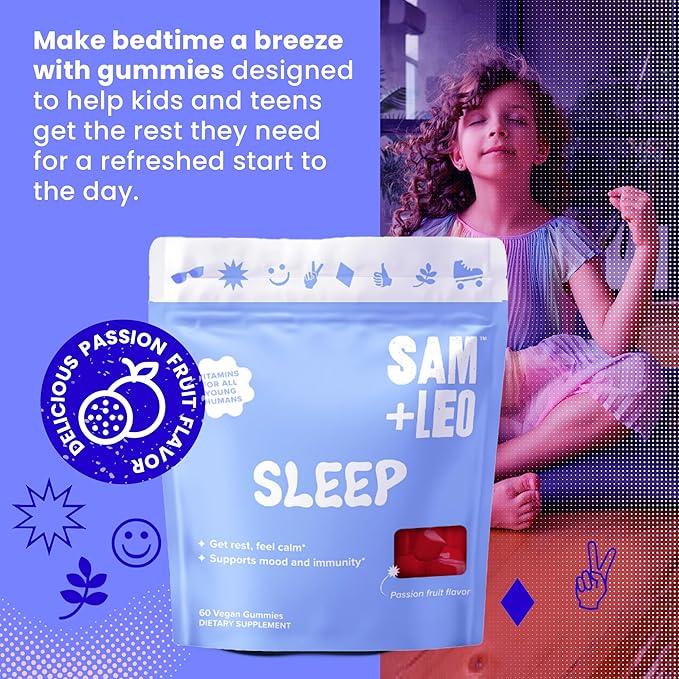 SAM+LEO Sleep Gummies for Kids &amp Teens with Melatonin Passion Flower &amp Vitamin B6 - Gentle Sleep Aid Gummies for Restful Sleep | Natural Drug Free Vegan &amp Gluten Free Passion Fruit Fla