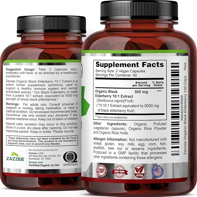 Zazzee USDA Organic Black Elderberry 10:1 Extract 120 Vegan Capsules 2 Month Supply Sambucus Nigra Antioxidant &amp Immune Support Concentrated 10X Extract All-Natural Non-GMO Made in the USA