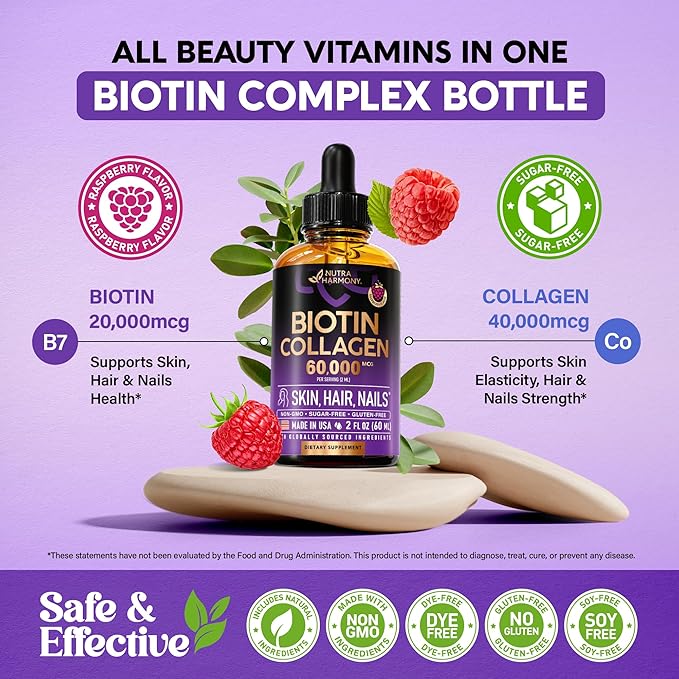 Liquid Biotin &amp Collagen 60000 mcg - Vitamins for Hair Growth Support - Extra Strength Drops for Women &amp Men - Liquid Collagen Supplement - Strong Nails &amp Healthy Skin - Made in USA - 2 F