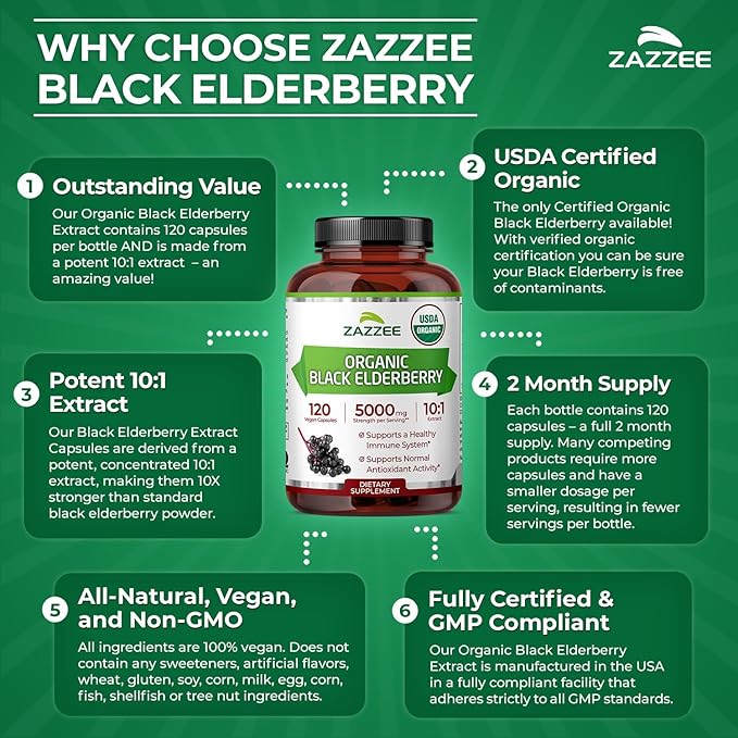 Zazzee USDA Organic Black Elderberry 10:1 Extract 120 Vegan Capsules 2 Month Supply Sambucus Nigra Antioxidant &amp Immune Support Concentrated 10X Extract All-Natural Non-GMO Made in the USA
