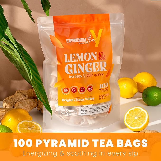 Yellow.fit Ginger Lemon Herbal Tea Bags – 1500mg Loose Leaf Tea Bags Caffeine-Free Herbal Tea with Ginger Root &amp Lemon Peel Plant-Based Tea Bags 100 Count