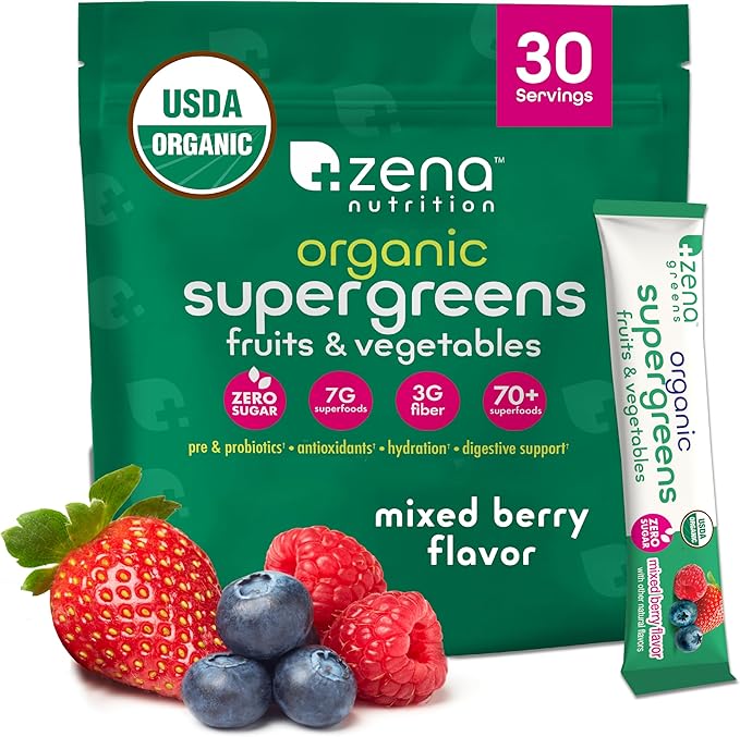 Zena Nutrition Organic Super Greens Powder 70+ Superfoods 0 Sugar 3g Fiber Spirulina Chlorella Mushrooms Prebiotics/Probiotics Digestive Enzymes Gut Health Mixed Berry 30 Drink Mix Packets