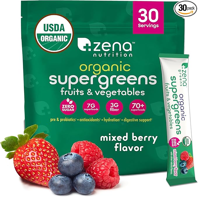Zena Nutrition Organic Super Greens Powder 70+ Superfoods 0 Sugar 3g Fiber Spirulina Chlorella Mushrooms Prebiotics/Probiotics Digestive Enzymes Gut Health Mixed Berry 30 Drink Mix Packets