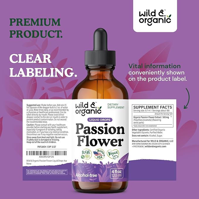 Wild &amp Organic Passion Flower Tincture - Mood Support - Calming Passionflower Supplement - Passiflora Incarnata Liquid Extract - Vegan Sugar &amp Alcohol-Free Herb Drops - 4 fl oz