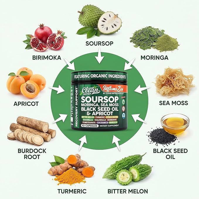 Clean Nutra Soursop Supplement Moringa Sea Moss Black Seed Oil Berberine Turmeric Resveratrol Quercetin Greens Bitters Boswellia Bitter Melon Burdock Root Antioxidant Support 90 Capsules