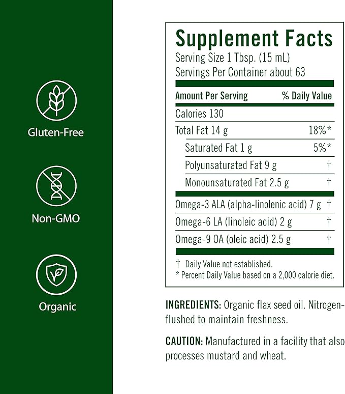 Flora - Flax Oil - Cold-Pressed Unrefined Organic Flax Seed Oil - Contains Omega-3 &amp Omega-6 - Non-GMO &amp Gluten-Free - Keep Chilled - 32 fl. oz. Amber Glass Bottle