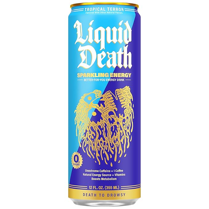 Liquid Death Sparkling Energy - Tropical Terror (Classic Piña Colada) Zero Sugar Energy Drink Unextreme Caffeine 100mg Essential Vitamins 12 Fl Oz (Pack of 12)