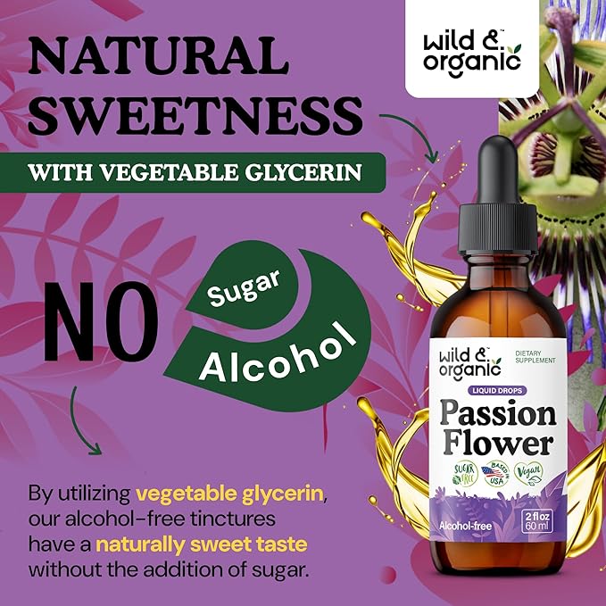 Wild &amp Organic Passionflower Tincture - Relaxing Passion Flower Drops for Women - Liquid Passiflora Incarnata Herb - Vegan Sugar &amp Alcohol-Free Extract Supplement - 2 fl oz