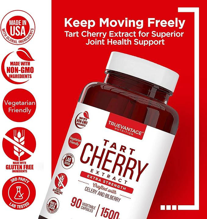 Tart Cherry Extract Capsules with Celery Seed Extract and Bilberry for Joint Support Muscle Recovery and Uric Acid Flush Support Made in The USA - 90 Tart Cherry Capsules