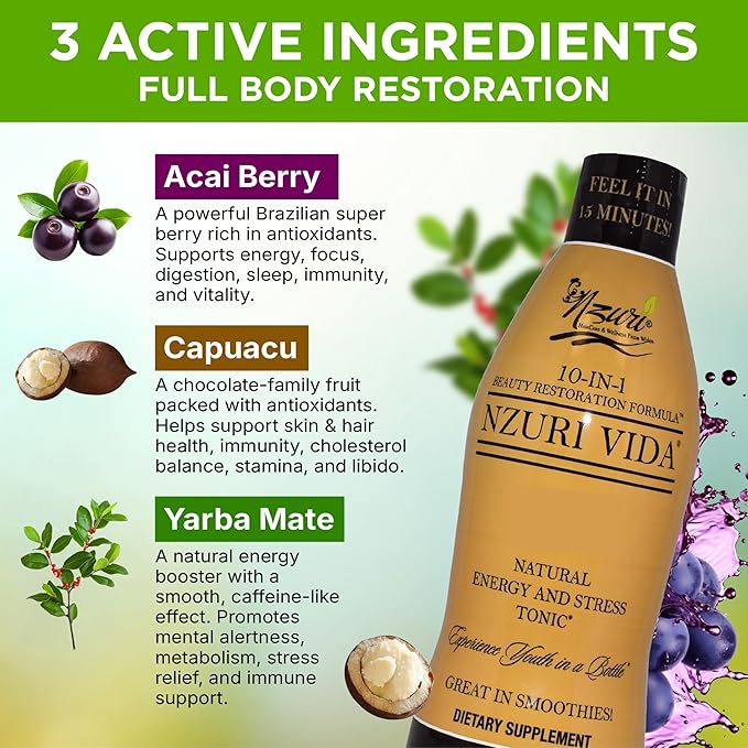 Nzuri Vida All-Natural Energy &amp Stress Support Tonic – 10-in-1 Total Body Restoration Drink with Acai Berry Cupuacu &amp Yerba Mate – Smooth Energy Calm Focus Detox &amp Immune Support 32 OZ