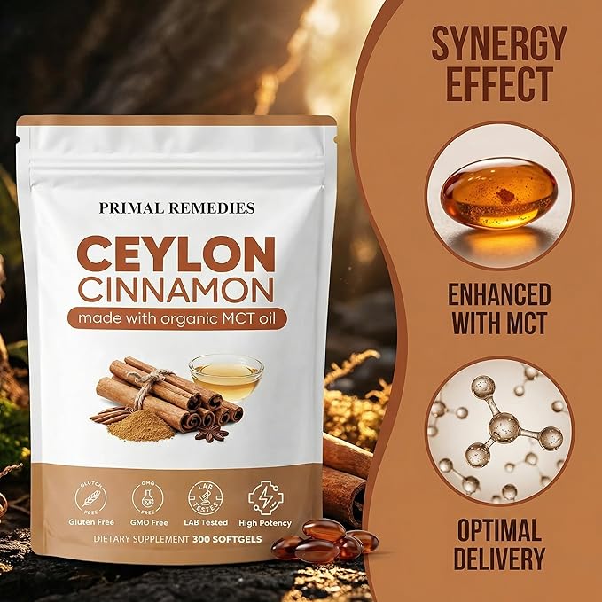 Primal Remedies Ceylon Cinnamon - 300 Softgels with MCT Oil Highly Bioavailable Non-GMO Gluten Free Vegan Capsules for Blood Sugar &amp Metabolism Support (1)