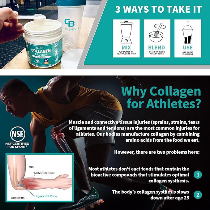 CB Supplements NSF Certified for Sport Multi Collagen Protein Powder Bone Skin Hair and Joint Support | Hydrolyzed Collagen Supplements (58 Servings (Pack of 1) Unflavored)