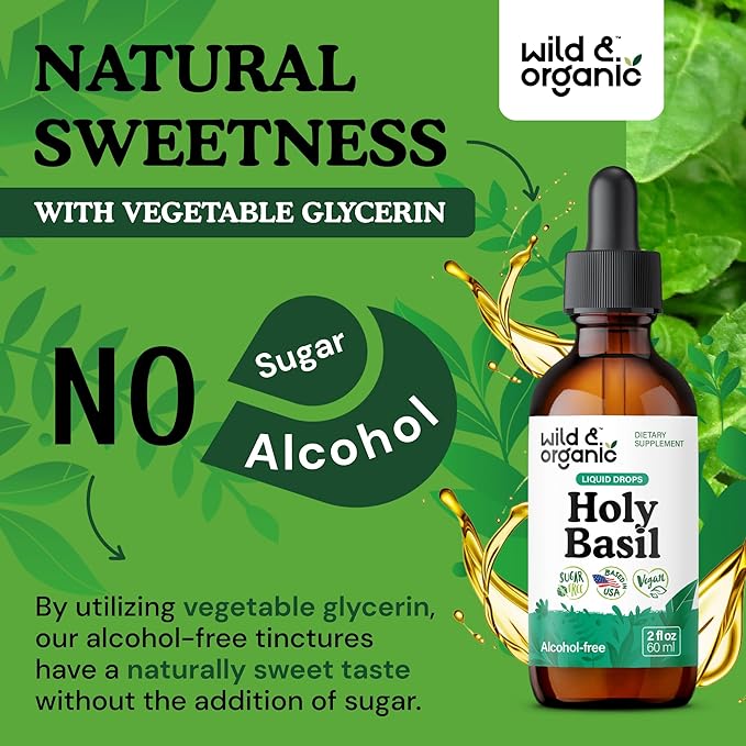 Wild &amp Organic Holy Basil Leaf Tincture - Relaxation Calmness Mood Support - Tulsi Holy Basil Supplement - Vegan Sugar &amp Alcohol-Free Herb Extract Drops - 2 fl oz