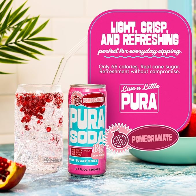 PuraSoda® Pomegranate | 65 Calories &amp 12g Pure Cane Sugar per Can | Non-GMO Vegan | Made with Pure Cane Sugar Clean &amp Refreshing | 10 fl oz (300ml) Cans Pack of 24