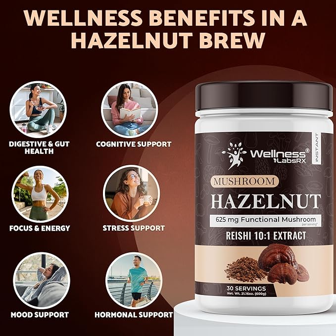 Mushroom Hazelnut Powder with Reishi 10:1 Extract Hot Cocoa Powder Caffeine-Free Mushroom Coffee Alternative - Adaptogenic Superfood Drink for Focus Relaxation and Mood Support - 30 Servings
