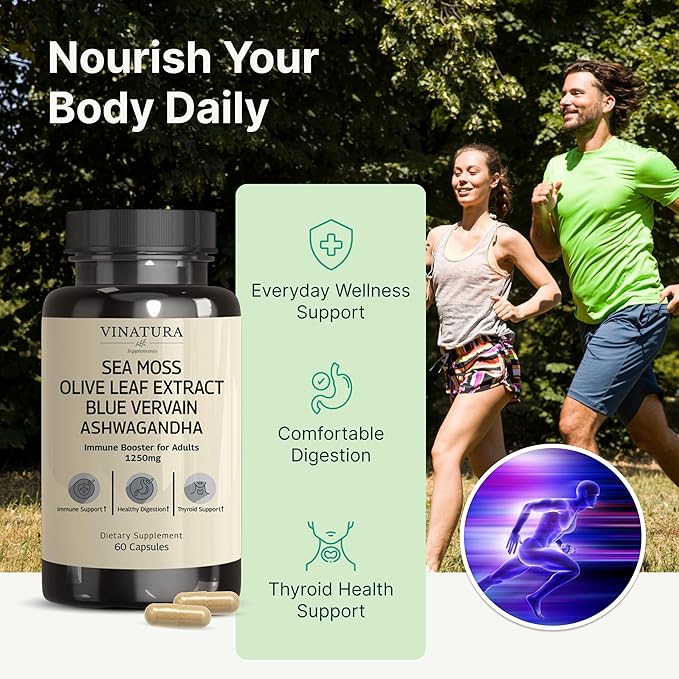 VINATURA Organic Sea Moss Blue Vervain - with Black Seed Oil Ashwagandha Ginger Burdock Root Capsules - 1250mg per Serving *USA Made &ampTested* Immune Booster for Adults