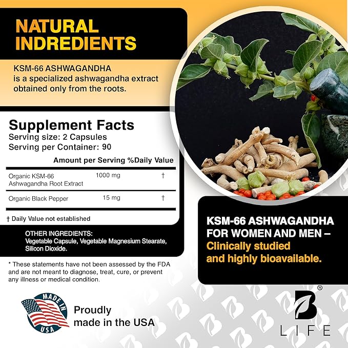 Organic Ashwagandha KSM-66 1000 mg Supplement | Adaptogen for Cortisol Support &amp Stress Relief | Mood Calm &amp Sleep Aid for Men &amp Women | Ashwagandha ritual vitamins for women | 180 Vegan