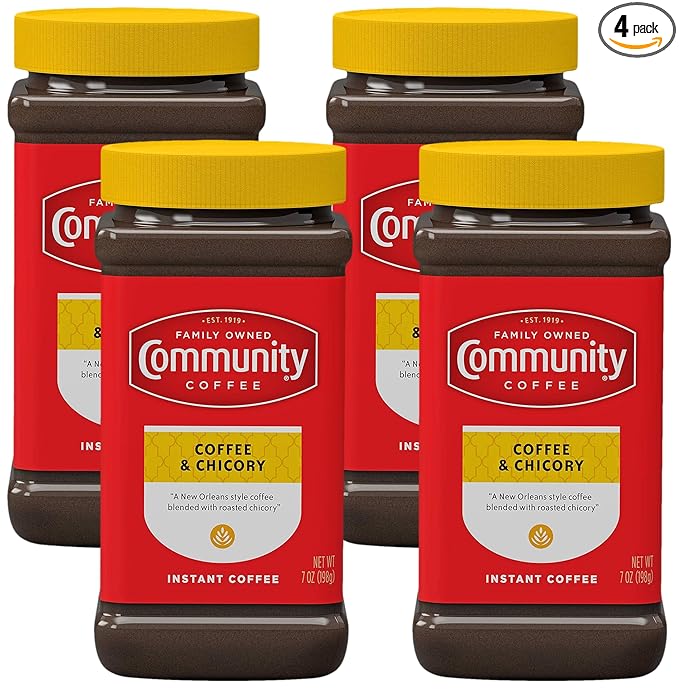 Community Coffee and Chicory Medium Dark Roast Instant | 7 Oz Jar | Pack of 4 | Arabica Beans | Rich Flavorful