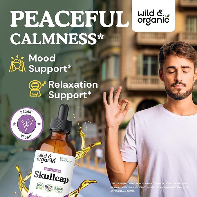 Wild &amp Organic Skullcap Herb Tincture - Skullcap Supplement for Mood Support - Relaxing Liquid Extract Drops - Vegan Sugar &amp Alcohol-Free - 4 fl oz