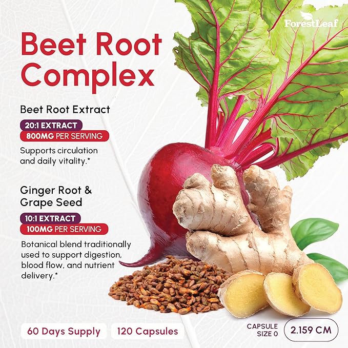 ForestLeaf USDA Organic Beet Root Capsules - Beetroot Supplement 1000mg 20:1 Extract w/Ginger Grape Seed - Support Blood Pressure Nitric Oxide Flow Circulation - Made in USA - 120 Caps