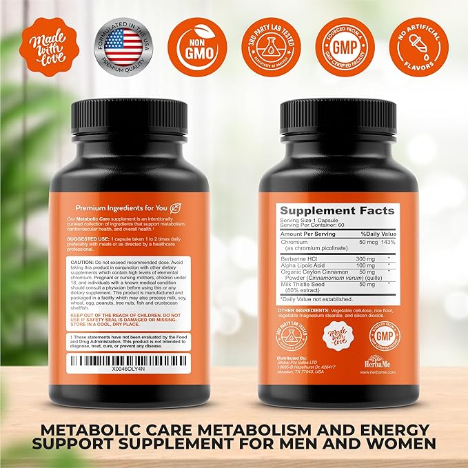 Berberine Supplement with Ceylon Cinnamon Chromium Alpha Lipoic Acid Metabolic Care Supports Metabolism &amp Cardiovascular Health and Immune System Helps Maintain Steady Energy Levels