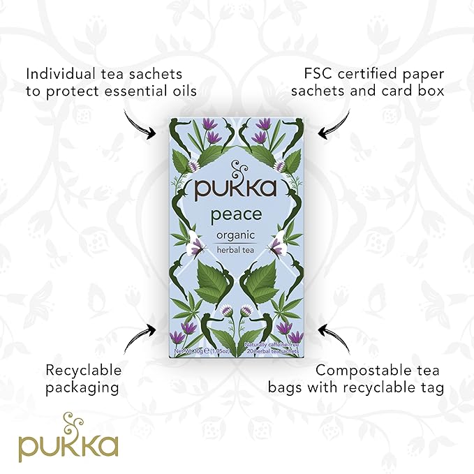 Pukka Organic Tea Bags Spearmint Ashwagandha and Hemp Seed Oil Peace Herbal Tea 20 Count (Pack of 3)