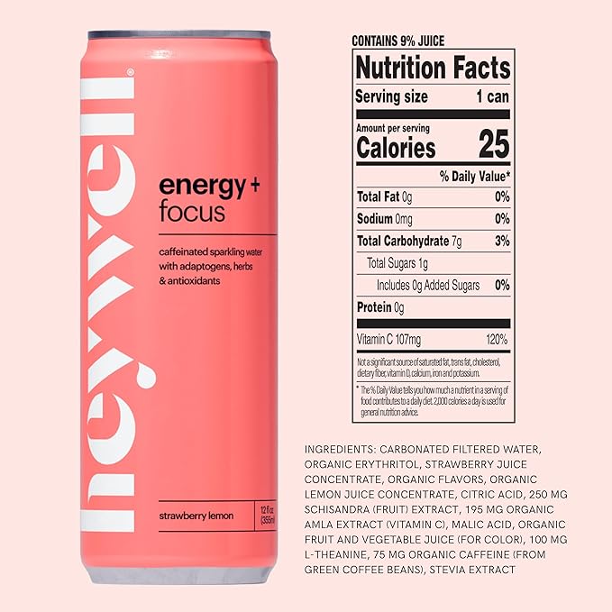 Heywell Sparkling Adaptogenic Water Energy and Focus Strawberry Lemon Flavor 12 Fluid Ounce (Pack of 12) - Caffeinated Organic Non GMO Vegan Gluten Free Dairy Free