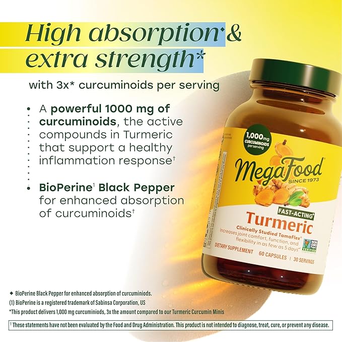 MegaFood Fast-Acting Turmeric Supplement - Clinically Studied - Joint Supplements for Men and Women - with Black Pepper for Absorption - 1000 mg Curcuminoids Per Serving - 60 Capsules 30 Servings