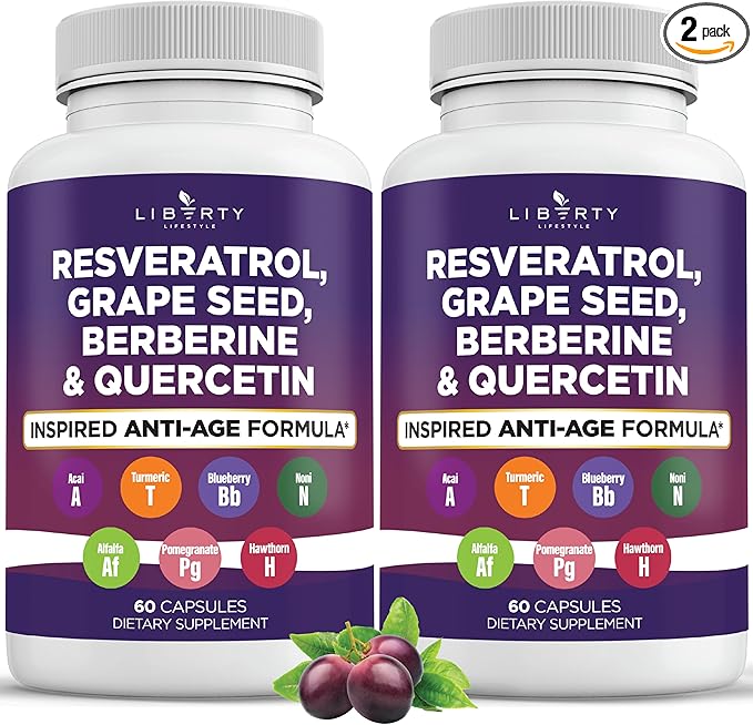 Resveratrol Berberine Grape Seed Extract Quercetin Polyphenol Supplement for Women and Men with Noni Extract N-Acetyl Cysteine Acai Extract - 2-Pack