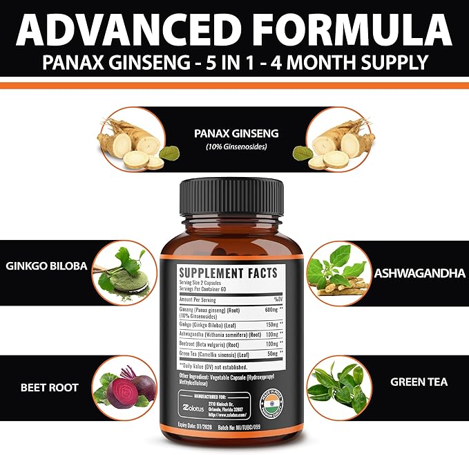 Zolotus Korean Red Panax Ginseng + Ginkgo Biloba Ashwagandha Beetroot Green Tea - 120 Capsules (Pack of 2)