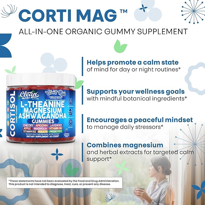 Clean Nutra Cortisol Supplement Gummies L-Theanine Magnesium Ashwagandha Apigenin Vitamin B6 Sleep and Calm Support Lavender Chicory Prebiotic Advanced Gummy Formula